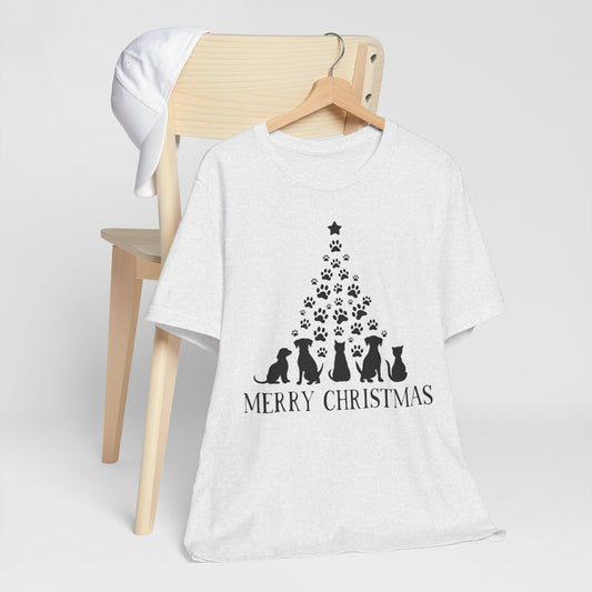 Christmas Dog Tree T-Shirt — "Merry Christmas" Paw Print Holiday Tee
