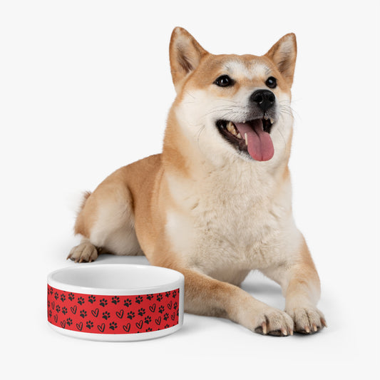 Red Paw Print Pet Bowl — Ceramic Dog & Cat Food Dish
