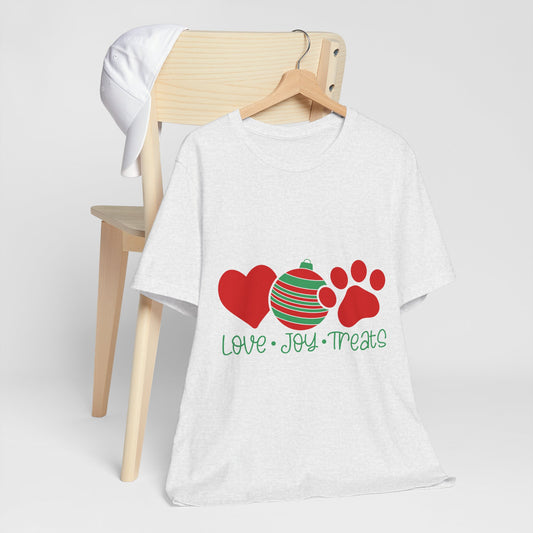 Holiday Paw Love Tee — "Love • Joy • Treats" Christmas Dog T-Shirt
