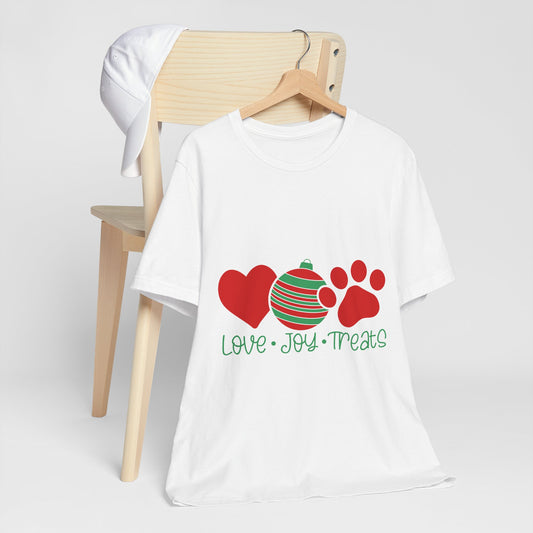 Holiday Paw Love Tee — "Love • Joy • Treats" Christmas Dog T-Shirt