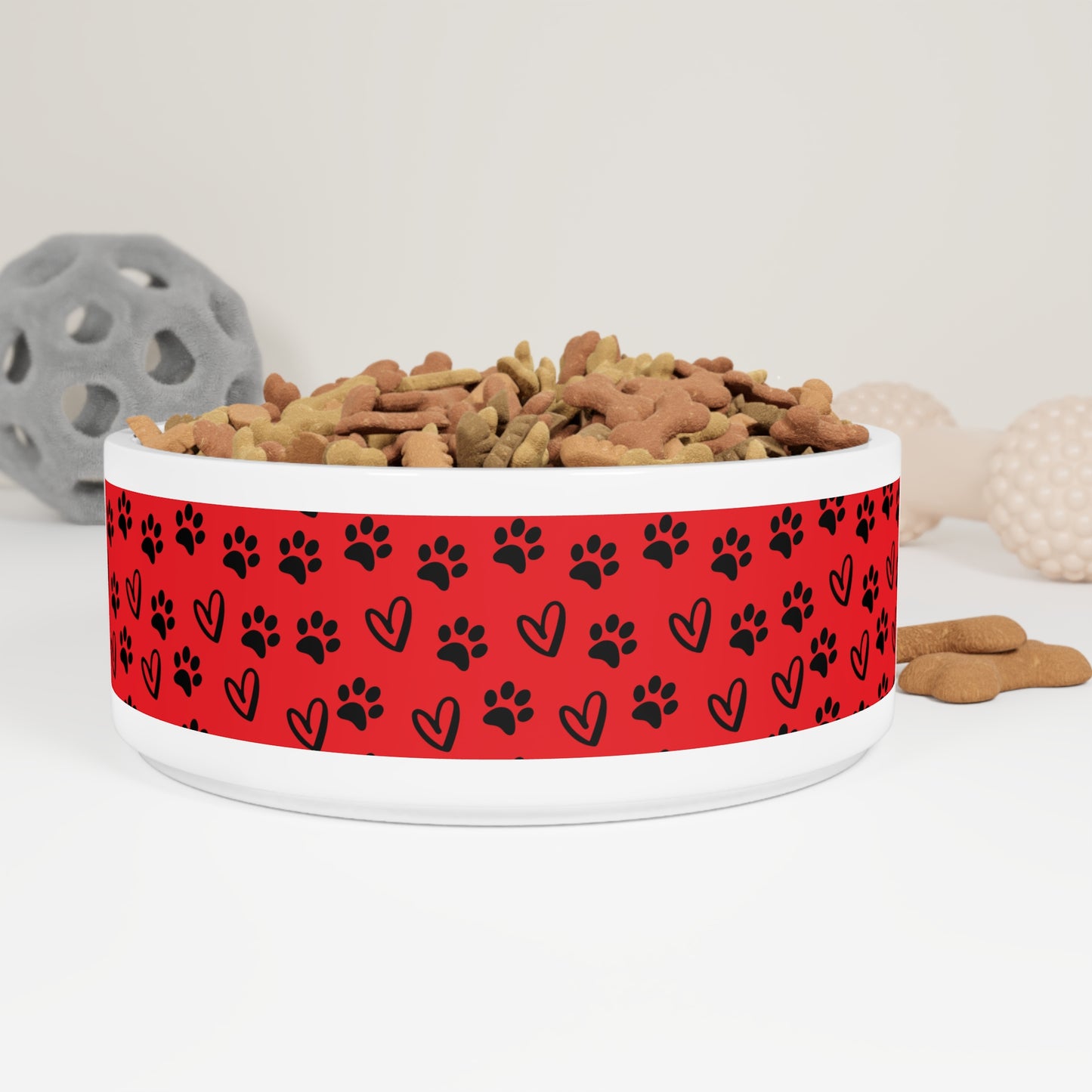 Red Paw Print Pet Bowl — Ceramic Dog & Cat Food Dish