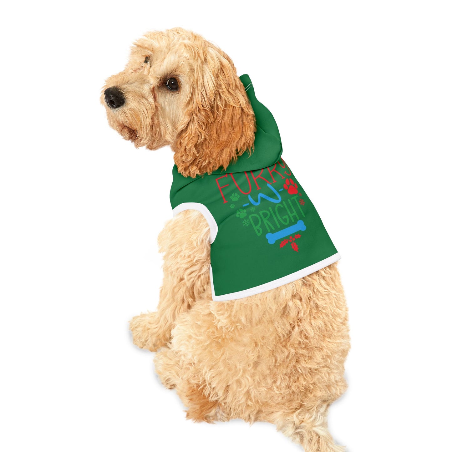 Dog Hoodie - 'Furry & Bright' Holiday Green Pet Hoodie with Festive Paw & Bone Design